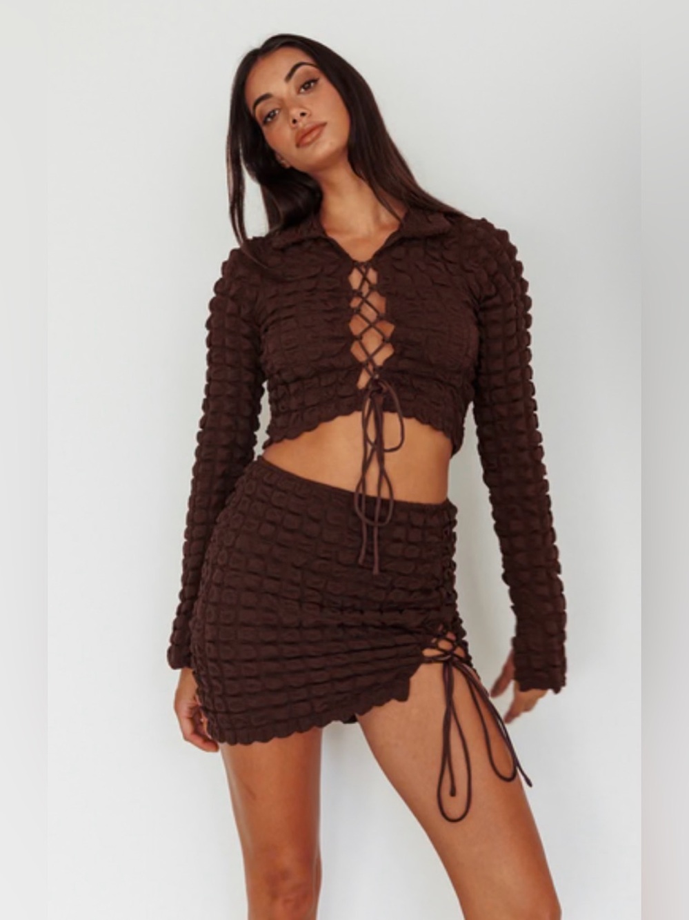 Selfie Leslie Chocolate Brown Textured Lace Up Crop Top Y2K XS
